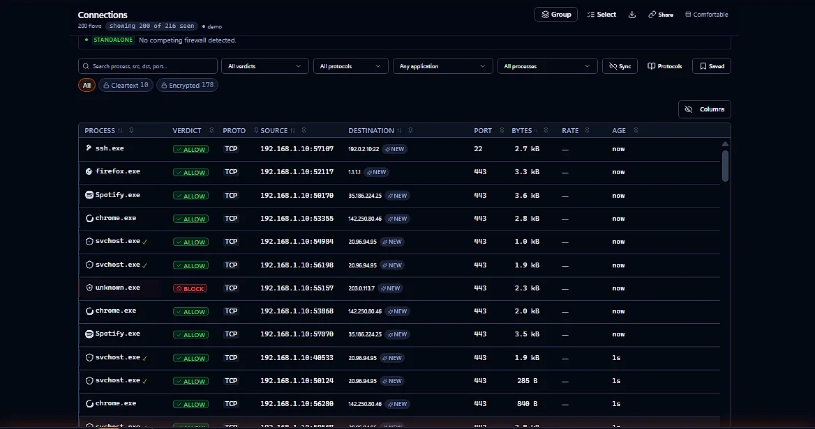 Ferrite's Connections screen: a live-style table of flows, each resolved to its process, protocol, source, destination, and allow/block verdict